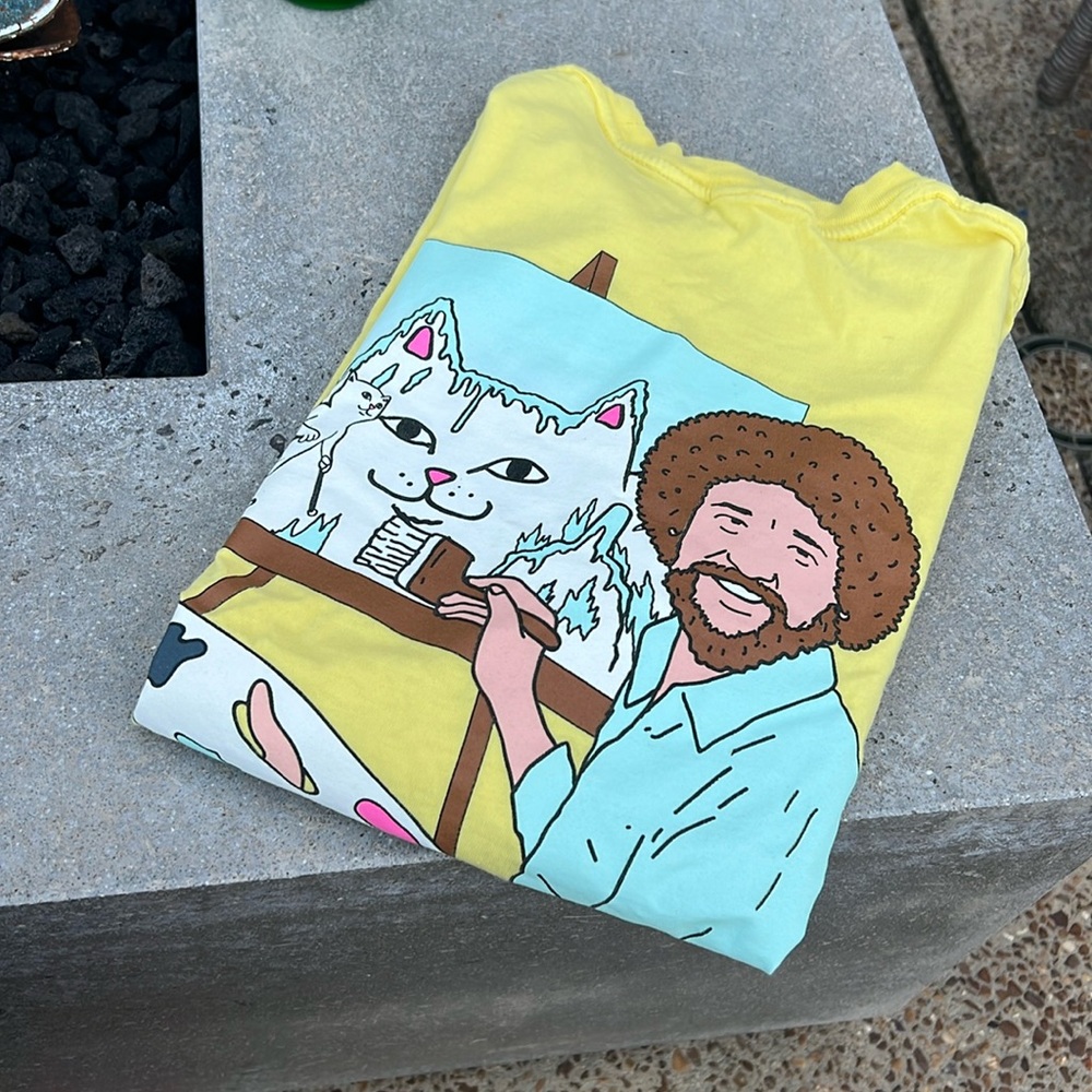Yellow Graphic Adult T-Shirt— rip n dip ripndip - Bob Ross design with cats!!!
